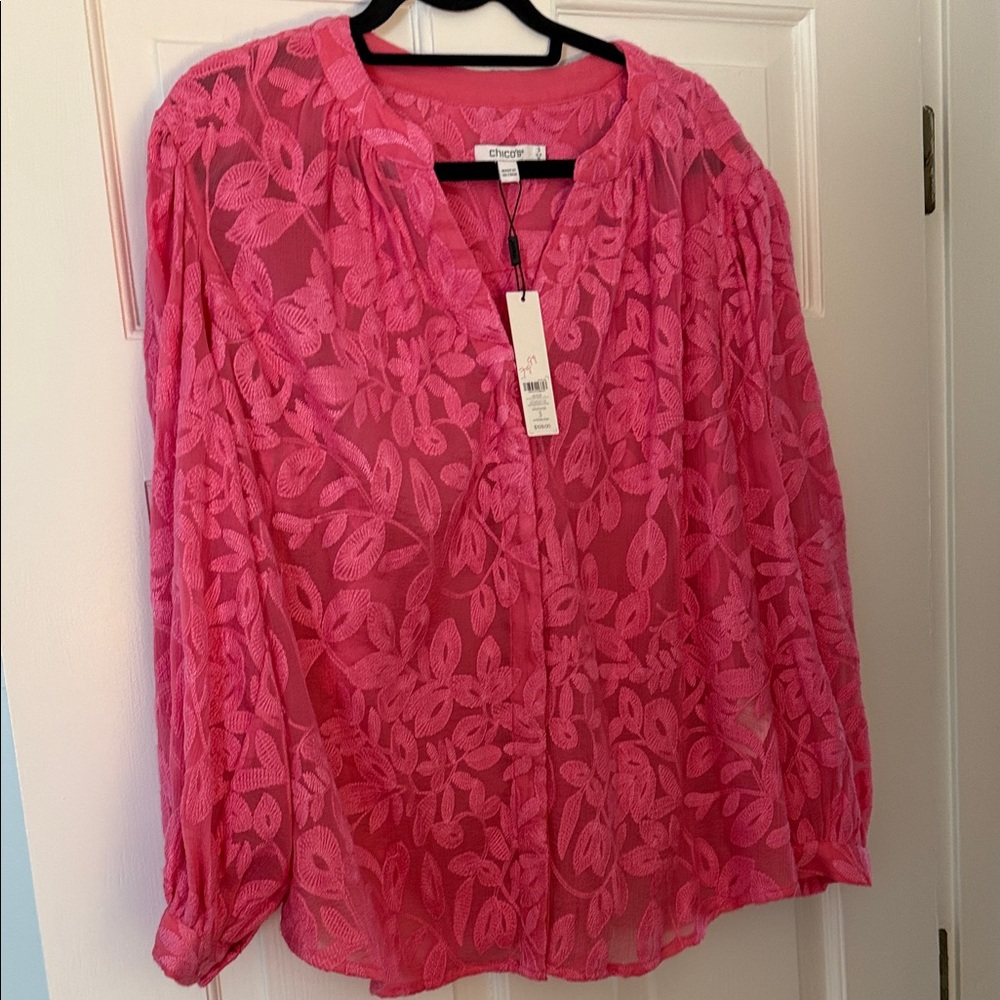 Chico's Hot Pink Floral Lace Sheer Blouse